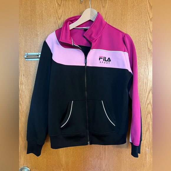 FILA athletic pink and black athletic full zip jacket size L with puff shoulder - Picture 1 of 13